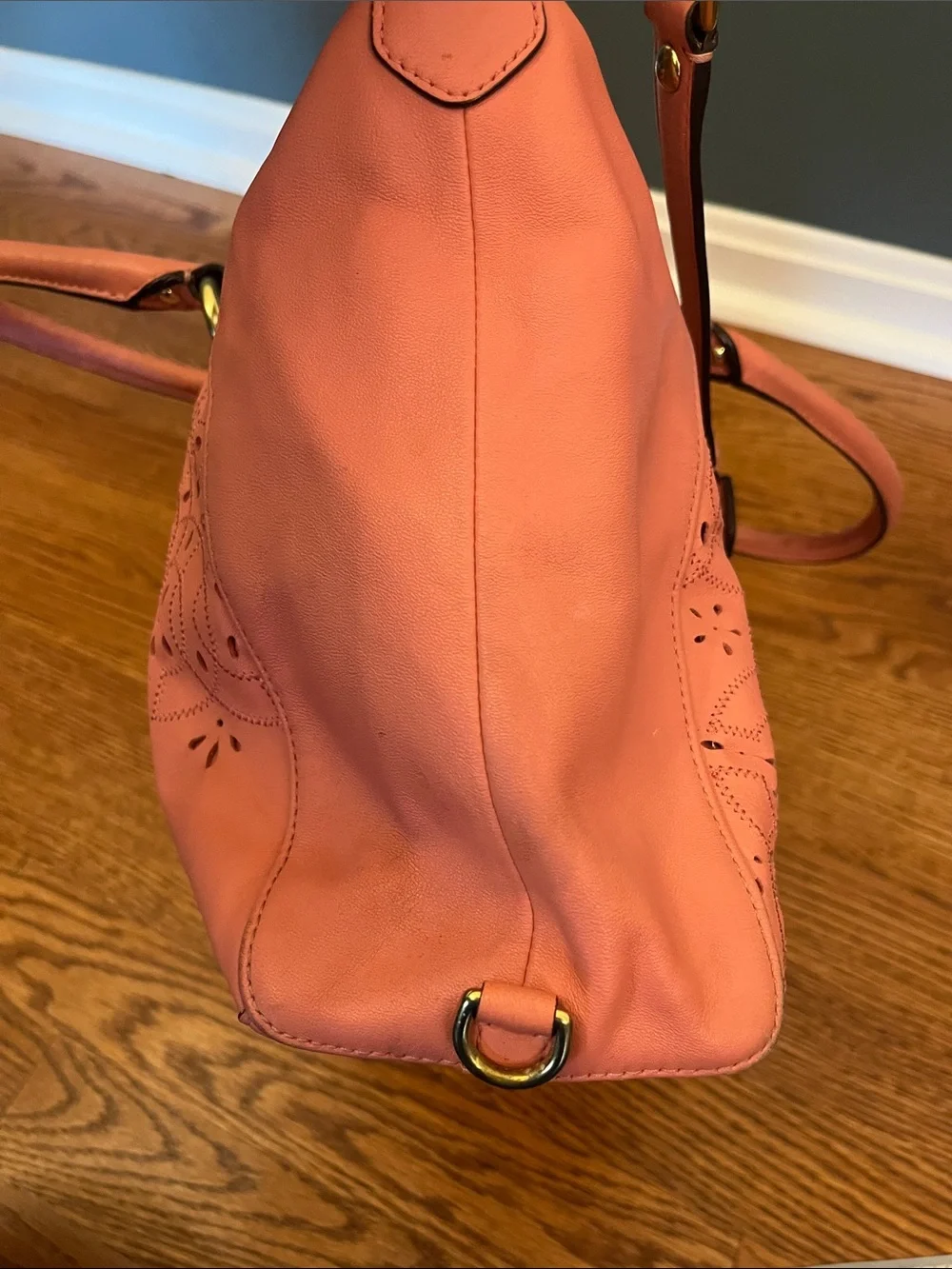 Coach Coral Pink Leather Satchel with Laser-Cut Floral Design F22488